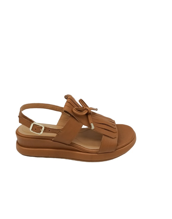 ELVIO ZANON ES2102X, SANDALO DUE FASCE CON FRANGIONE CENTRALE, TOMAIA IN VITELLO BOTTALATO COLORE CUOIO, ZEPPA FASCIATA 5CM, FO