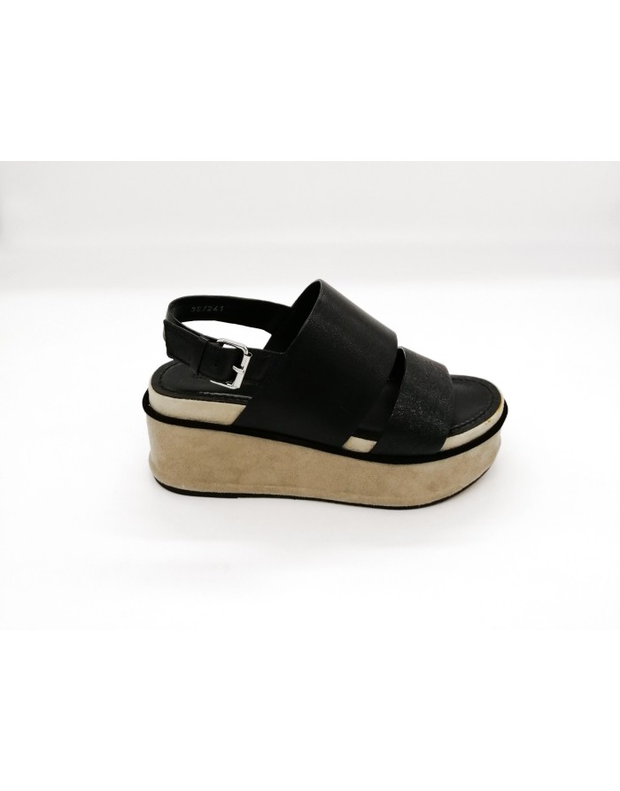 ELVIO ZANON H3204N SANDALO 2 FASCE IN VITELLO COLORE NERO, ZEPPA FASCIATA COLORE GRIGIO 5 CM, FONDO GOMMA