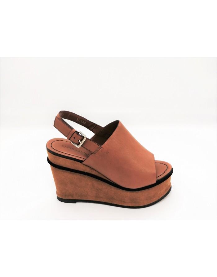 ELVIO ZANON H3302P SANDALO CON FASCIONE IN VITELLO COLORE CUOIO, FONDO ZEPPA 10 CM FASCIATA COLORE CUOIO/NERO