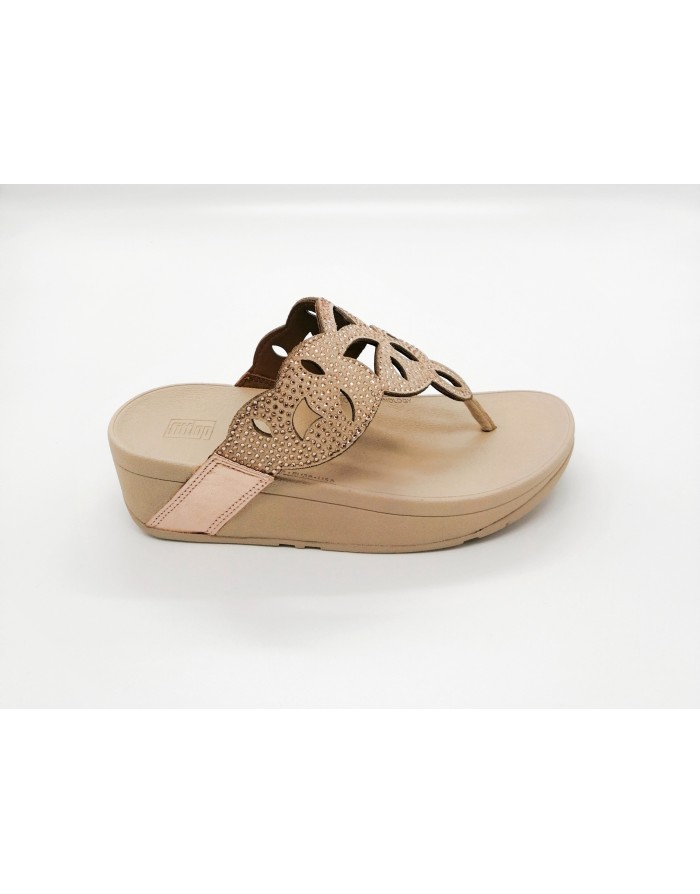 FITFLOP ELORA CRYSTAL ROSE GOLD, INFRADITO IN CAMOSCIO COLORE CIPRIA CON MICRO STRASSE, FONDO ZEPPA POLIURETANO 4CM