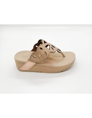FITFLOP ELORA CRYSTAL ROSE GOLD, INFRADITO IN CAMOSCIO COLORE CIPRIA CON MICRO STRASSE, FONDO ZEPPA POLIURETANO 4CM