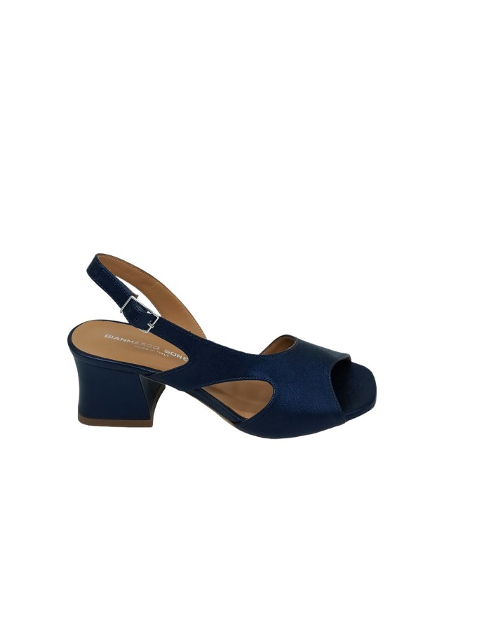 GIANMARCO SORELLI 2062/ARIA, SANDALO ACCOLLATO IN VITELLO LAMINATO COLORE BLU/ABISSO, TACCO FASCIATO 5CM, FONDO CUOIO