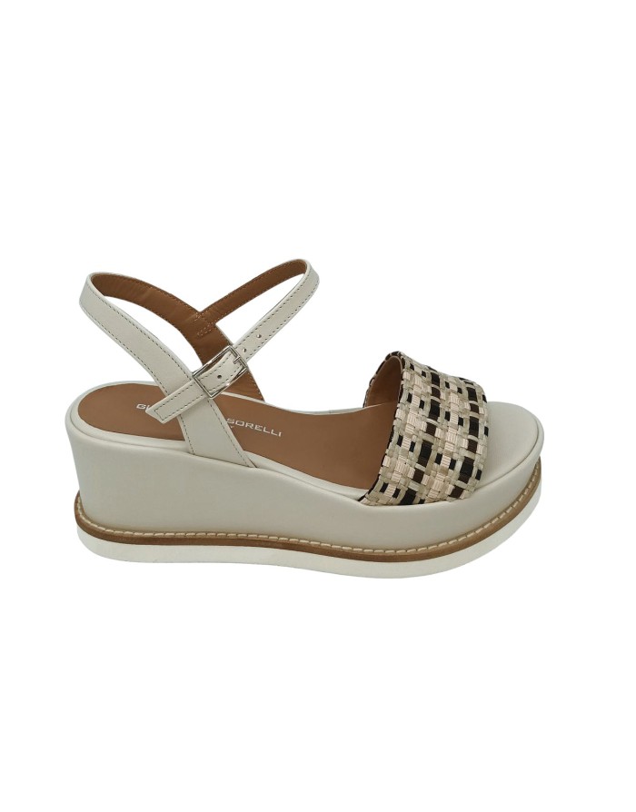 GIANMARCO SORELLI, SANDALO UNA FASCIA E CINTURINO ALLA CAVIGLIA, TOMAIA IN VITELLO BEIGE E INTRECCIO RAFIA MULTIMORO, ZEPPA FAS