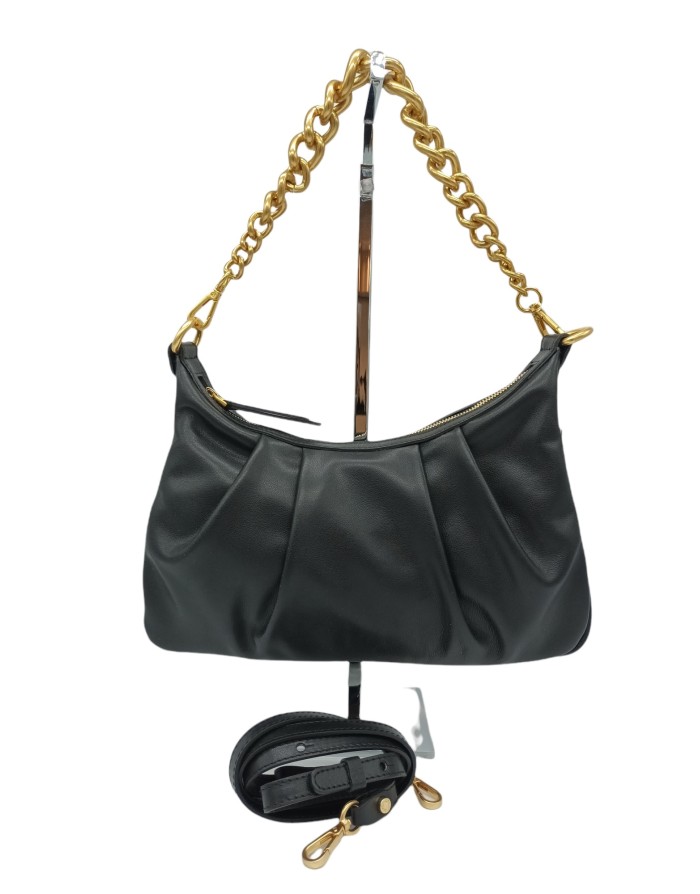 GIANNI CHIARINI BS 8551 BONNIE, BORSA MEDIA IN VITELLO PLISSETTATO COLORE NERO, LAMPO CENTRALE, MANICO STACCABILE A CATENA COLO