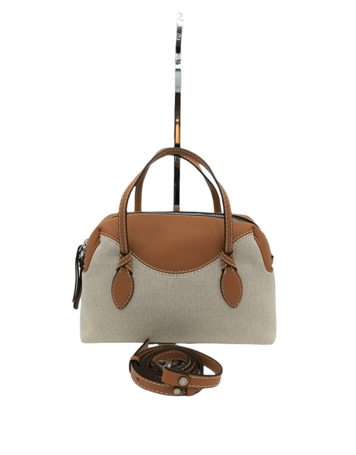 GIANNI CHIARINI BS 9435 CCC-GRN, BORSA MEDIA IN VITELLO E TESSUTO COLORE CUOIO-SAFARI, DUE MANICI E TRACOLLA REGOLABILE CON IMP