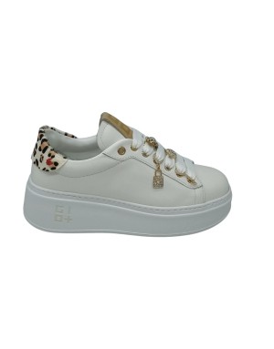 GIO+ PIU' SNEAKER LACCI IN VITELLO COLORE BIANCO CON TOPPONCINO ANIMALIER, ACCESSORI STACCABILI SUI LACCI, FONDO GOMMA EXTRA LI