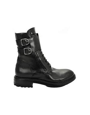 HUNDRED 100 M625-01  ANFIBIO LACCI E DUE LAMPO LATERALI CON PATTINA CAVIGLIA DOPPIA FIBBIA TOMAIA IN VITELLO NERO FONDO GOMMA