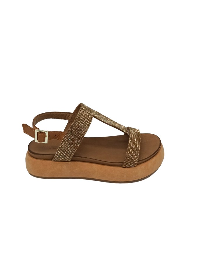 INUOVO 972029, SANDALO INFRADITO IN VITELLO COLORE CUOIO E MULTISTRASSE BRONZO, FONDO ZEPPA GOMMA 5CM