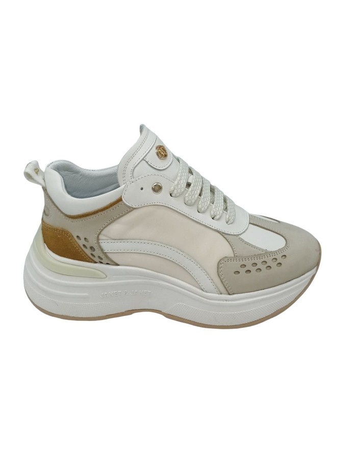 JANET & JANET SNEAKER LACCI IN NABUCK, VITELLO E TESSUTO COLORE BEIGE-NUDE-SENAPE, FONDO GOMMA 5,5 CM