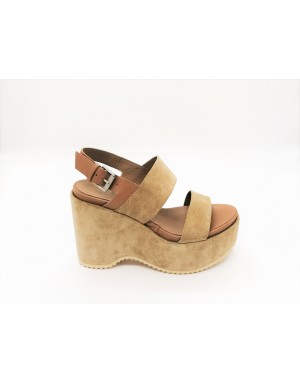 JANET 37784 SANDALO 2 FASCE IN CAMOSCIO COLORE TORTORA E VITELLO CUOIO, FONDO  ZEPPA FASCIATA  10 CM