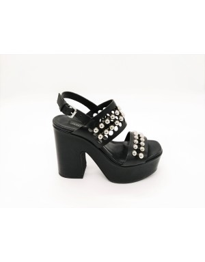 JANET 39455 SANDALO 2 FASCE IN VITELLO COLORE NERO CON BORCHIE ACCIAIO, TACCO 10 CM CON PLATEAU