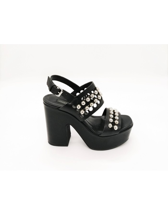 JANET 39455 SANDALO 2 FASCE IN VITELLO COLORE NERO CON BORCHIE ACCIAIO, TACCO 10 CM CON PLATEAU