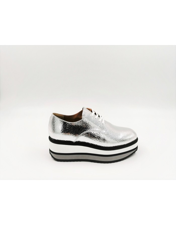 JANET SPORT 43850 GAIA DERBY LISCIO DONNA TOMAIA IN LAMINATO ARGENTO FONDO ZEPPA GOMMA RIGATA 5 CM