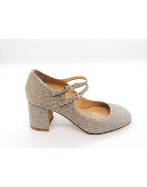 JD D1842 DECOLLETE' DOPPIO CINTURINO IN TESSUTO LUXOR COLORE CHAMPAGNE, TACCO FASCIATO 5CM, FONDO CUOIO