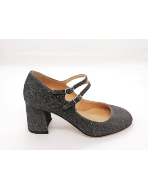 JD D1842 DECOLLETE' DOPPIO CINTURINO IN TESSUTO LUXOR COLORE NERO/ANTRACITE, TACCO FASCIATO 5CM, FONDO CUOIO