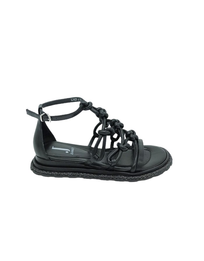 JEANNOT LJ425A, SANDALO MODELLO CHARLESTONE CON CINTURINO ALLA CAVIGLIA, TOMAIA CON TUBOLARI IN NAPPA ANNODATI COLORE NERO, FON