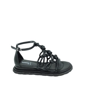 JEANNOT LJ425A, SANDALO MODELLO CHARLESTONE CON CINTURINO ALLA CAVIGLIA, TOMAIA CON TUBOLARI IN NAPPA ANNODATI COLORE NERO, FON