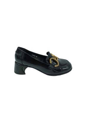 JEANNOT MJ502G MOCASSINO IN NAPLAK COLORE NERO CON MORSETTO ORO ANTICATO, TACCO FASCIATO 5CM, FONDO GOMMA