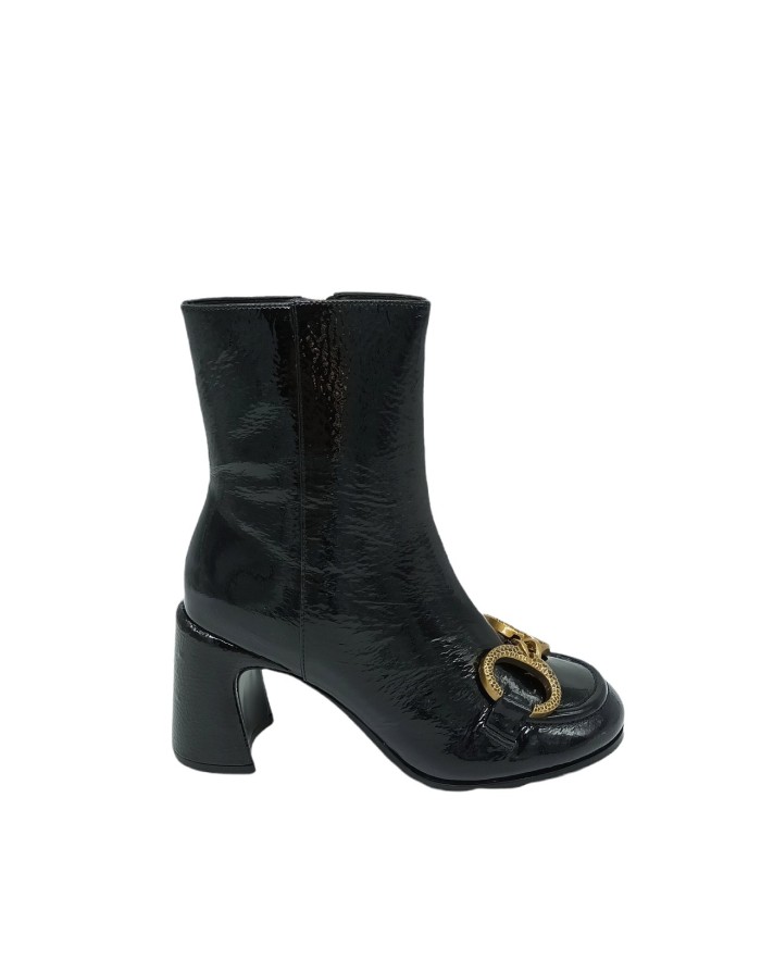 JEANNOT MJ522G TRONCHETTO IN NAPLAK COLORE NERO CON MORSETTO ORO ANTICATO, TACCO FASCIATO 7CM, FONDO GOMMA