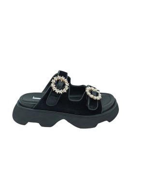 JEANNOT RJ645A, SANDALO/SABOT DUE FASCE, TOMAIA IN VELLUTO NERO CON PROFILO IN NAPPA IN TINTA, FIBBIE STRASSATE CRISTAL, FONDO 