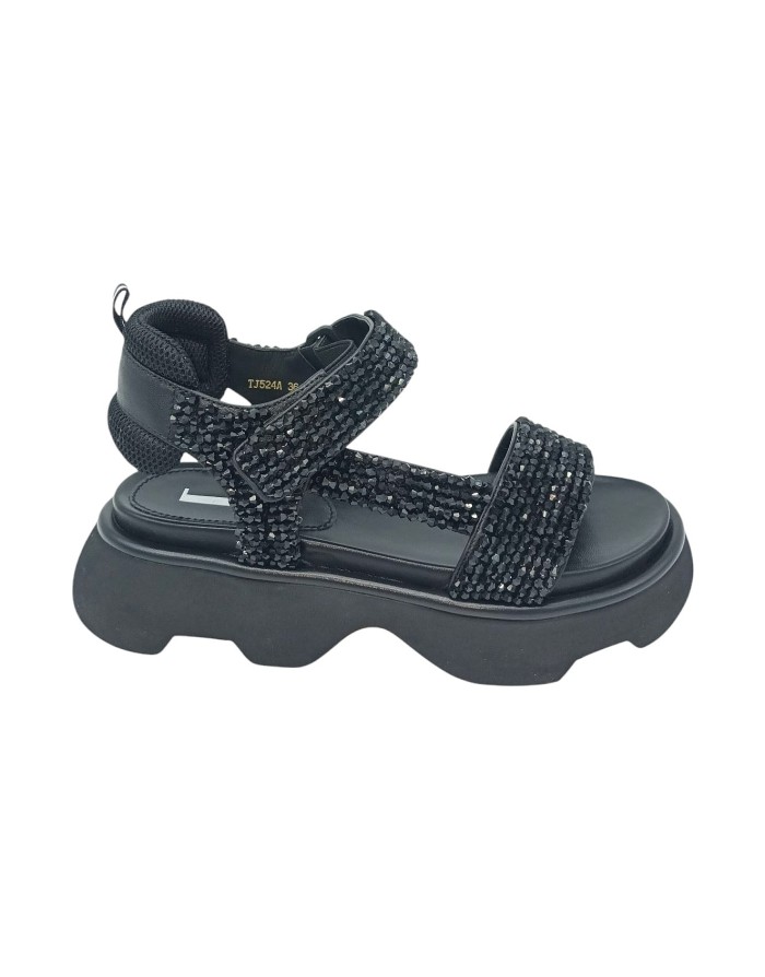 JEANNOT SANDALO TREKKING CON TOMAIA IN NAPPA NERA TEMPESTATA DI STRASSE IN TINTA, FASCIA SUPERIORE CON STRAPPO, FONDO GOMMA CM