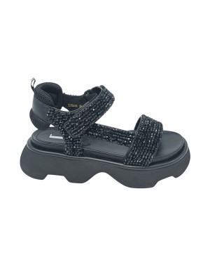 JEANNOT SANDALO TREKKING CON TOMAIA IN NAPPA NERA TEMPESTATA DI STRASSE IN TINTA, FASCIA SUPERIORE CON STRAPPO, FONDO GOMMA CM