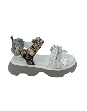 JEANNOT SANDALO TREKKING DUE FASCE,  FASCIONE ANTERIORE LAVORATO CON INFILATURE IN NAPPA BIANCA, FASCIA SUPERIORE A STRAPPO, PI