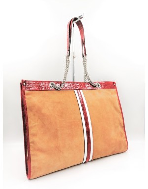 KATE KOLL MX4742 BORSA SHOPPING GRANDE IN CAMOSCIO COLOR DESERTO CON RIPORTI IN STAMPATO COCCO ROSSO E VITELLO BIANCO,2 MANICI 
