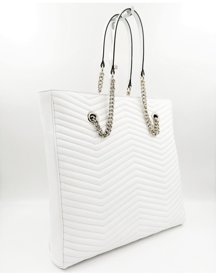 KATE KOLL MX4842 BORSA SHOPPING IN VITELLO BIANCO CON IMPUNTURE A SPINA, 2 MANICI VITELLO E CATENA ACCIAIO
