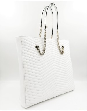 KATE KOLL MX4842 BORSA SHOPPING IN VITELLO BIANCO CON IMPUNTURE A SPINA, 2 MANICI VITELLO E CATENA ACCIAIO