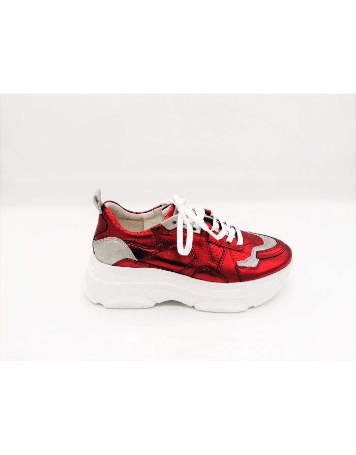 KENNEL & SCHMENGER 91 26500-623 SNEAKER IN VITELLO PREGIATO METALLIZZATO  COLOR ROSSO/SILVER, VASCHETTA MILLEFORI, LACCIO IN RA