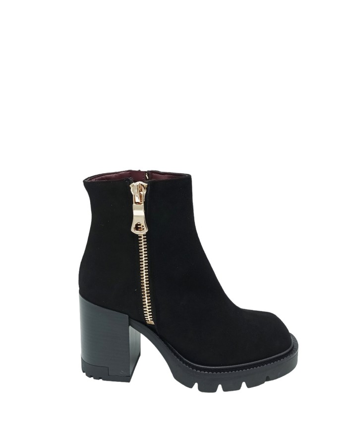 L'AMOUR 502 TRONCHETTO LISCIO IN CAMOSCIO COLORE NERO, DUE LAMPO LATERALI DORATE, FONDO GOMMA CARRO, TACCO 8CM CON PLATEAU