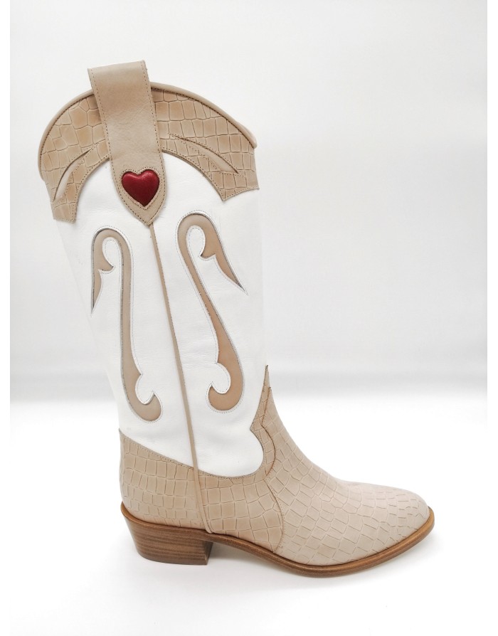 LA BLANC 01, STIVALE 3/4 IN VITELLO BIANCO E STAMPATO COCCO NATURALE, RICAMI SUL GAMBALE, LAMPO LATERALE,TACCO CUOIO4CM, FONDO 