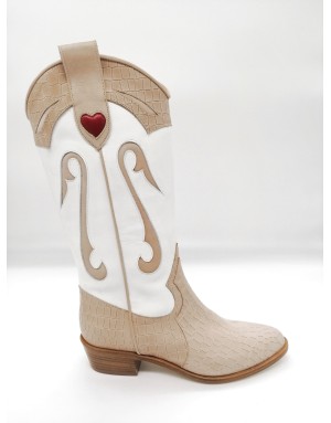 LA BLANC 01, STIVALE 3/4 IN VITELLO BIANCO E STAMPATO COCCO NATURALE, RICAMI SUL GAMBALE, LAMPO LATERALE,TACCO CUOIO4CM, FONDO 