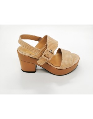 LA BLANC 508 SANDALO DUE FASCE IN VITELLO STAMPATO RETTILE COLORE CUOIO, FONDO ZEPPA/TACCO FASCIATO 8,5CM