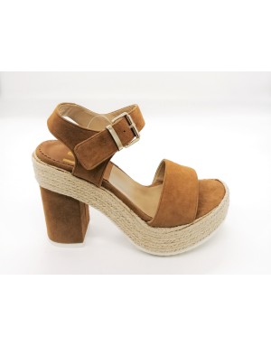 LA BLANC 513 SANDALO UNA FASCIA E CINTURINO ALLA CAVIGLIA, TOMAIA IN CAMOSCIO COLORE CUOIO, TACCO 11CM  CON PLATEAU FASCIATO IN