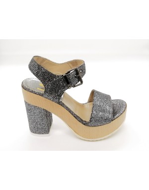 LA BLANC 513 SANDALO UNA FASCIA E CINTURINO ALLA CAVIGLIA, TOMAIA IN GLITTER COLORE ACCIAIO, TACCO FASCIATO 11CM CON PLATEAU IN