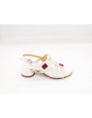 LE GAZZELLE 526 SANDALO CHARLESTONE CON TOMAIA IN VERNICE COLORE BIANCO CON RIPORTI  ROSSI E GIALLI, TACCO 3 CM E FONDO CUOIO
