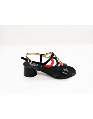 LE GAZZELLE 546 SANDALO TOMAIA IN VERNICE COLORE NERO CON RIPORTI ROSSI E GIALLI, TACCO 4 CM FONDO CUOIO