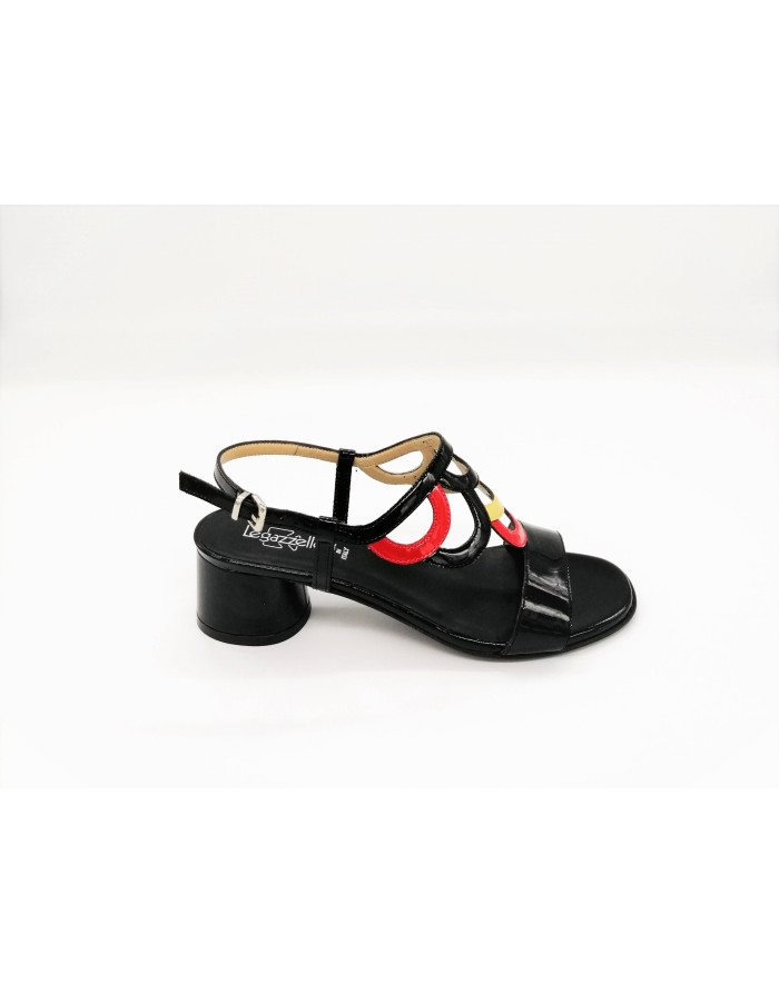 LE GAZZELLE 546 SANDALO TOMAIA IN VERNICE COLORE NERO CON RIPORTI ROSSI E GIALLI, TACCO 4 CM FONDO CUOIO