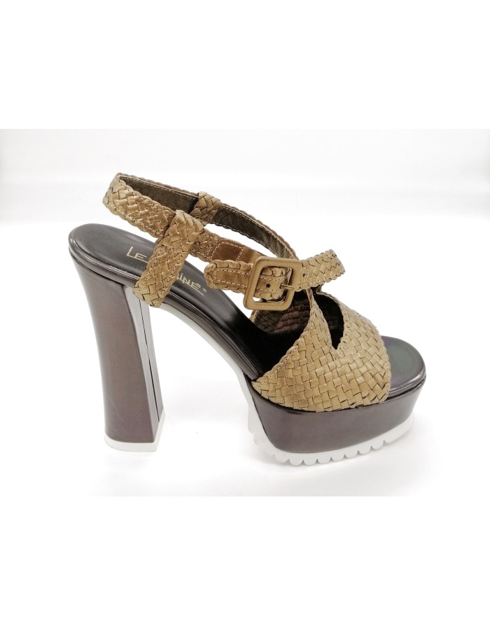 LE MARINE' 16E012 SANDALO INCROCIO CON TOMAIA IN VITELLO LAMINATO INTRECCIATO COLORE BRONZO, TACCO FASCIATO IN LAMINATO TITANIO