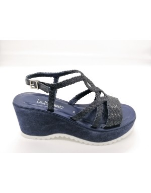 LE MARINE' 16E080 SANDALO CON TOMAIA IN VITELLO INTRECCIATO COLORE BLU, ZEPPA 6CM FASCIATA IN CAMOSCIO OCEANO, FONDO MICRO CARR