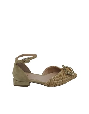 LORENZO MARI GIGLIO 04, DECOLLETE'/BALLERINA CON CINTURINO ALLA CAVIGLIA, TOMAIA IN CAMOSCIO E RAFFIA COLORE SABBIA, ACCESSORIO