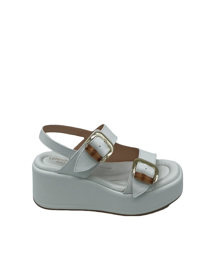 LORENZO MARI MARGHERITA 02, SANDALO DUE FASCE CON FIBBIA ORO E OSSO, TOMAIA IN NAPPA COLORE BIANCO, ZEPPA FASCIATA 7CM, FONDO G