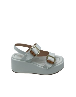 LORENZO MARI MARGHERITA 02, SANDALO DUE FASCE CON FIBBIA ORO E OSSO, TOMAIA IN NAPPA COLORE BIANCO, ZEPPA FASCIATA 7CM, FONDO G