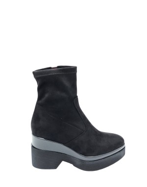 LORENZO MARI POLLY 02, STIVALETTO LISCIO IN ALCANTARA ELASTICIZZATO COLORE NERO, LAMPO LATERALE, FONDO ZEPPA TACCO MICRO 8CM