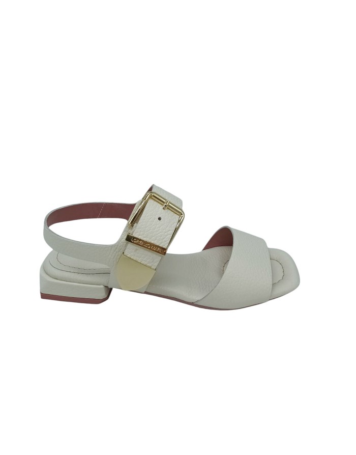 LORENZO MARI SANDALO DUE FASCE IN VITELLO BOTTALATO COLORE LATTE, FIBBIA DORATA, TACCO FASCIATO 3CM, FONDO GOMMA