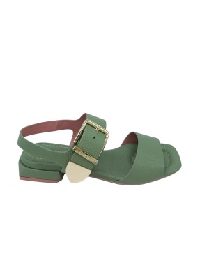 LORENZO MARI SANDALO DUE FASCE IN VITELLO BOTTALATO COLORE VERDE, FIBBIA DORATA, TACCO FASCIATO 3CM, FONDO GOMMA