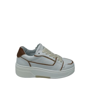 MELINE NE 833 SNEAKER LACCI IN VITELLO COLORE BIANCO CON PROFILI IN VERNECE CARAMELLO, FONDO GOMMA 5CM