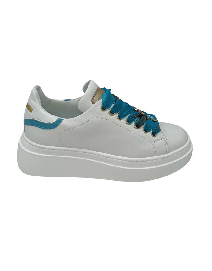 MELINE SNEAKER LACCI IN VITELLO COLORE BIANCO CON TOPPONCINO MARINE, LACCIO IN ORGANZA MARINE CON ACCESSORIO A CUORE STRASSATO 
